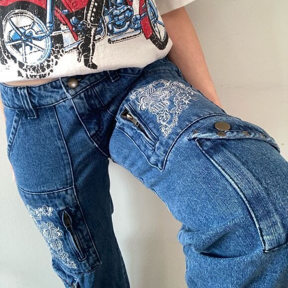 Y2K Size 2 Venus Cropped Utility Denim Jean Cargos 100% Cotton Embroidery Detail - Picture 1 of 8